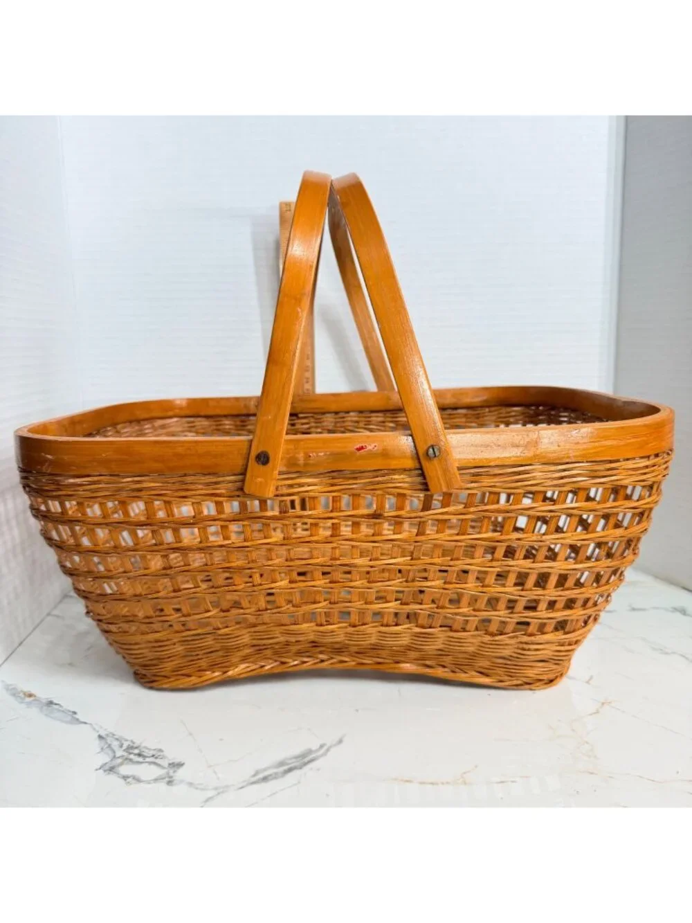 Vintage Wicker Picnic Basket Woven Gathering Market Basket Dual Handles Boho